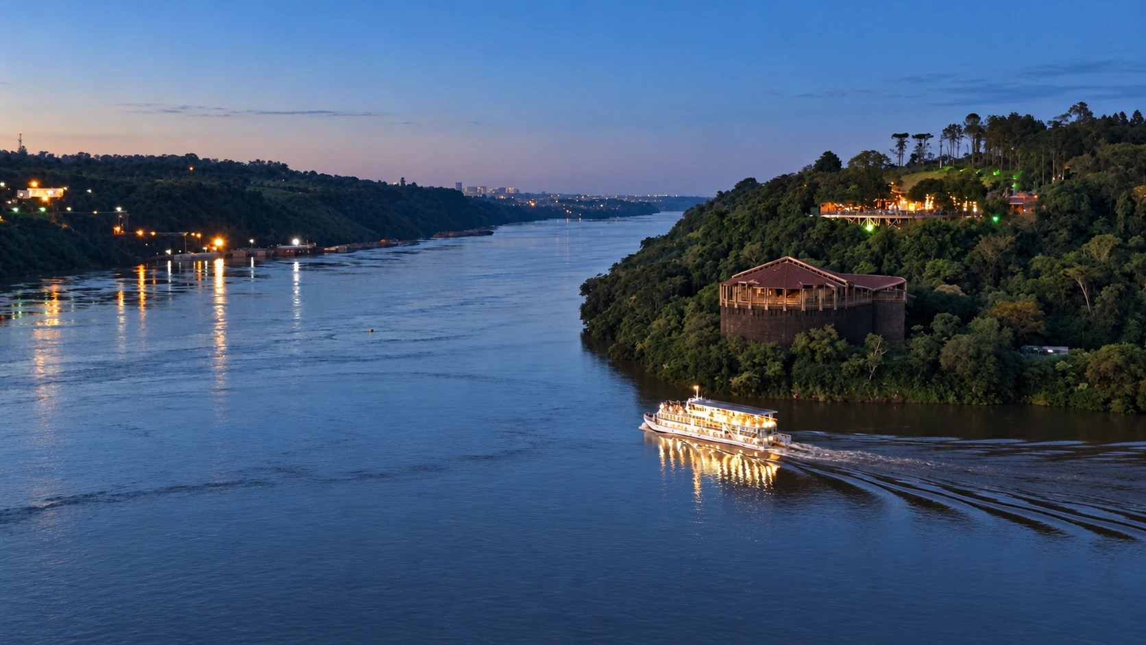Confluencia del Paraná y el Iguazú vista desde Argentina: Paraguay a la izquierda y Brasil a la derecha. Recreación visual de una fotografía de 2018